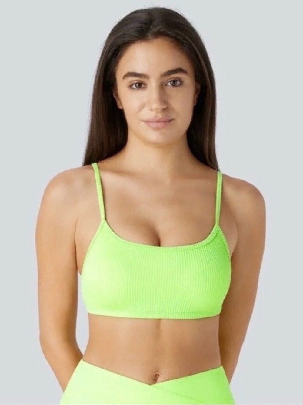 Halara Ribbed Scoop Bikini Top Bright Yellow Green